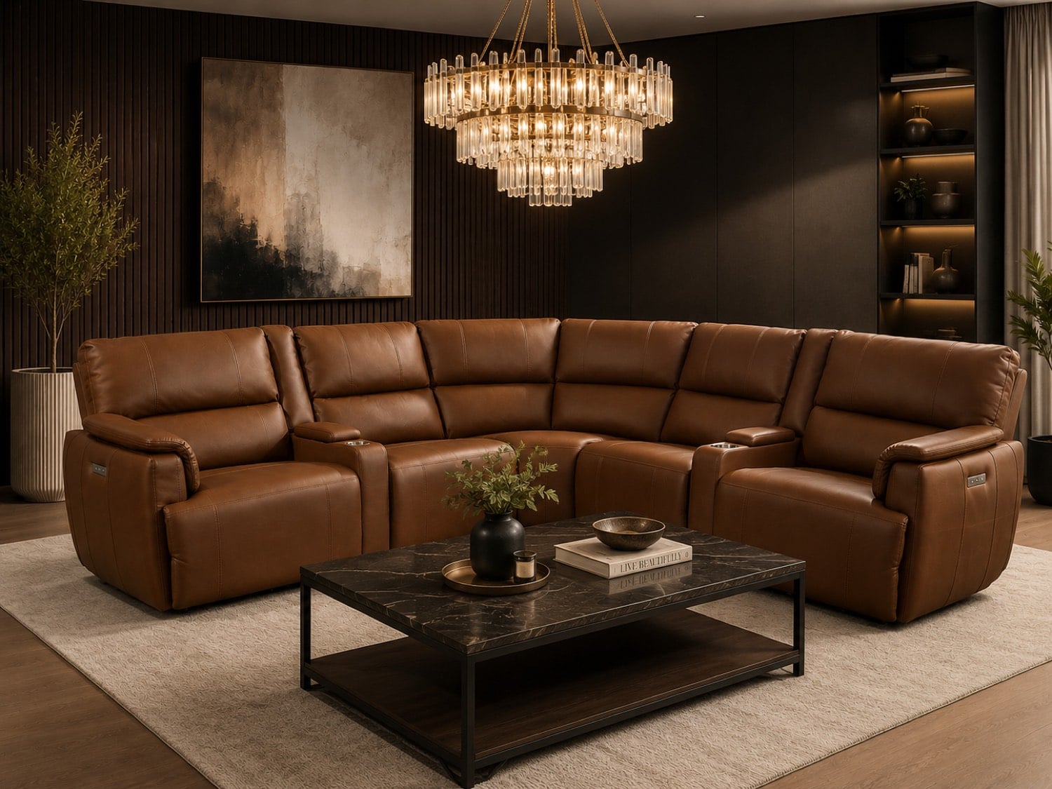 Brown leather sectional sofa in a styled living room at Gateway Furniture Edmonton