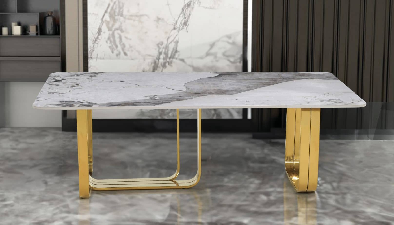 Marble-top coffee table with gold base at Gateway Furniture Store, Edmonton