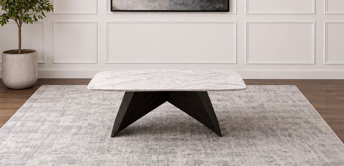 Max coffee table with marble-look top and black geometric base at Gateway Furniture Store, Edmonton