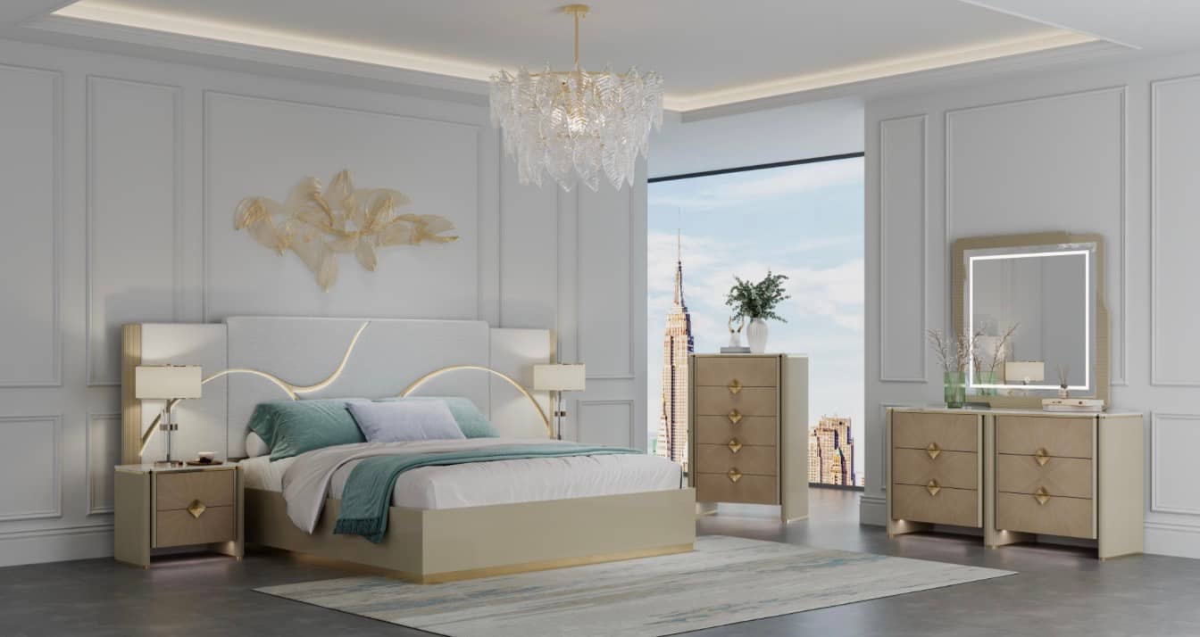 Geneva champagne and gold bedroom set styled in a modern bedroom at Gateway Furniture Edmonton