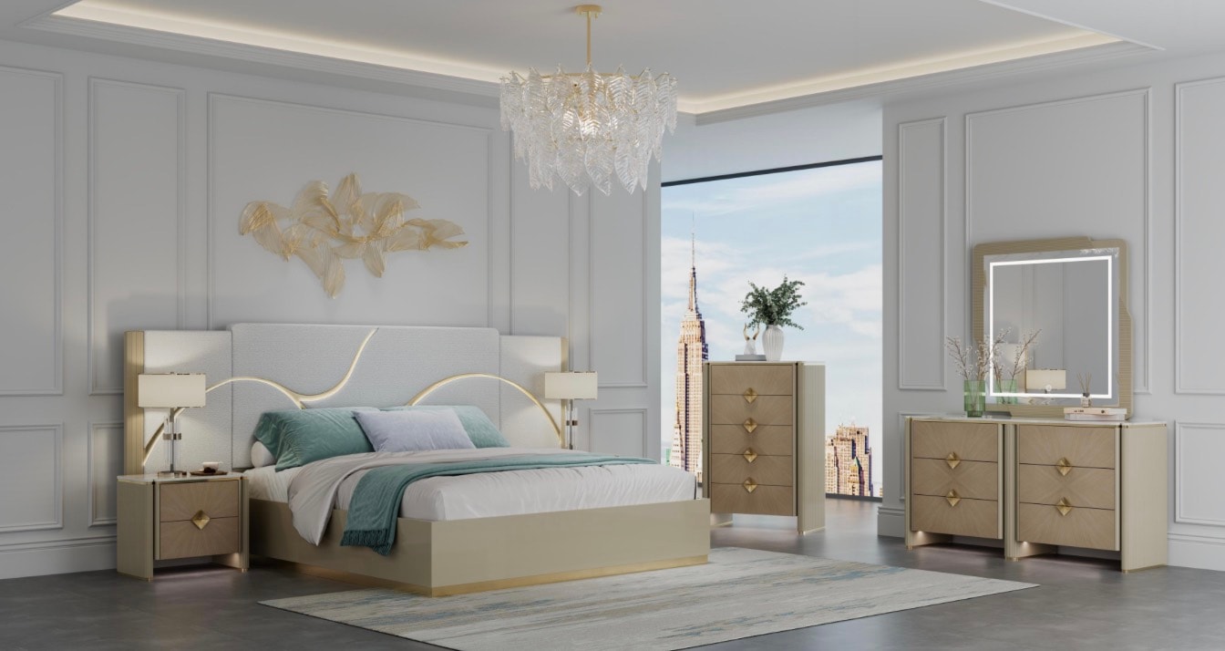 Geneva champagne and gold bedroom set with upholstered headboard at Gateway Furniture Store, Edmonton