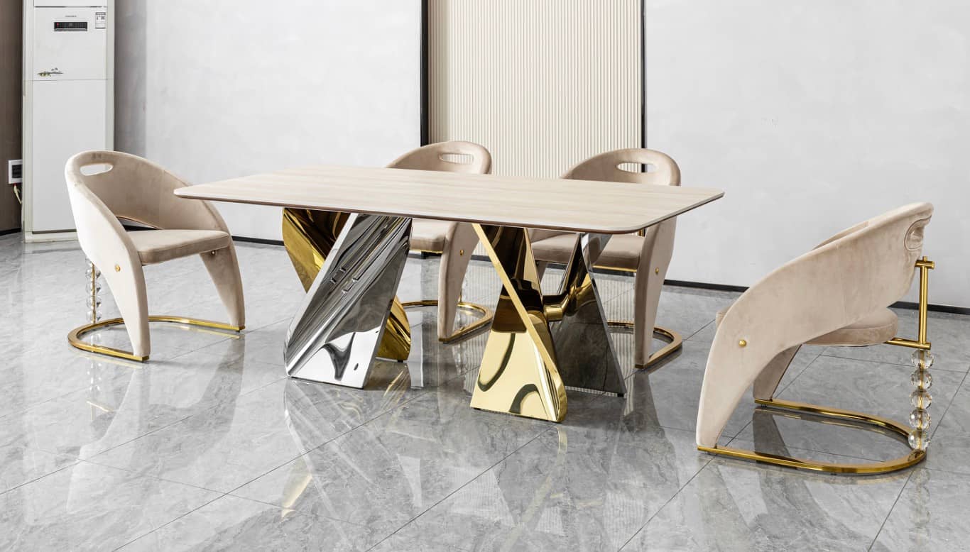 Everly dining table with stone-look top and sculptural gold base at Gateway Furniture Edmonton
