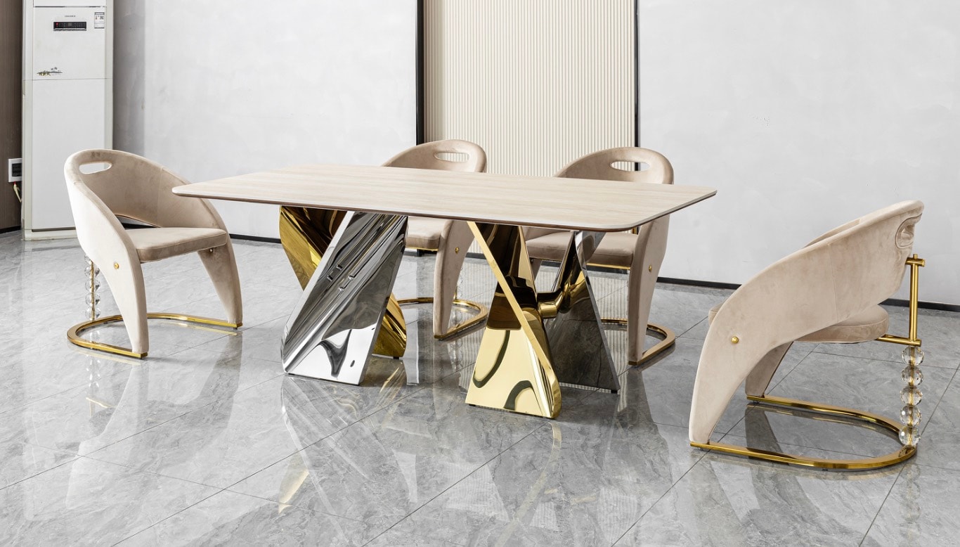 Everly dining table with stone-look top and sculptural gold base at Gateway Furniture Store, Edmonton