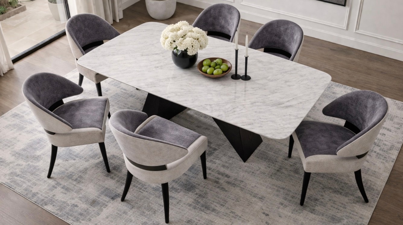 Max dining table with marble-look top and black angular base at Gateway Furniture Store, Edmonton