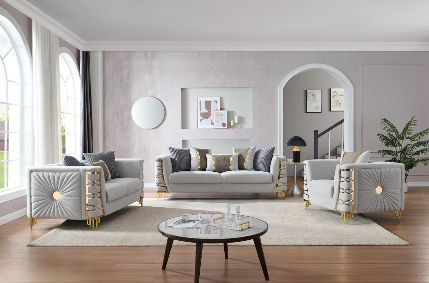 Contessa Velvet Sofa - Beige velvet sofa set at Gateway Furniture Store, Edmonton