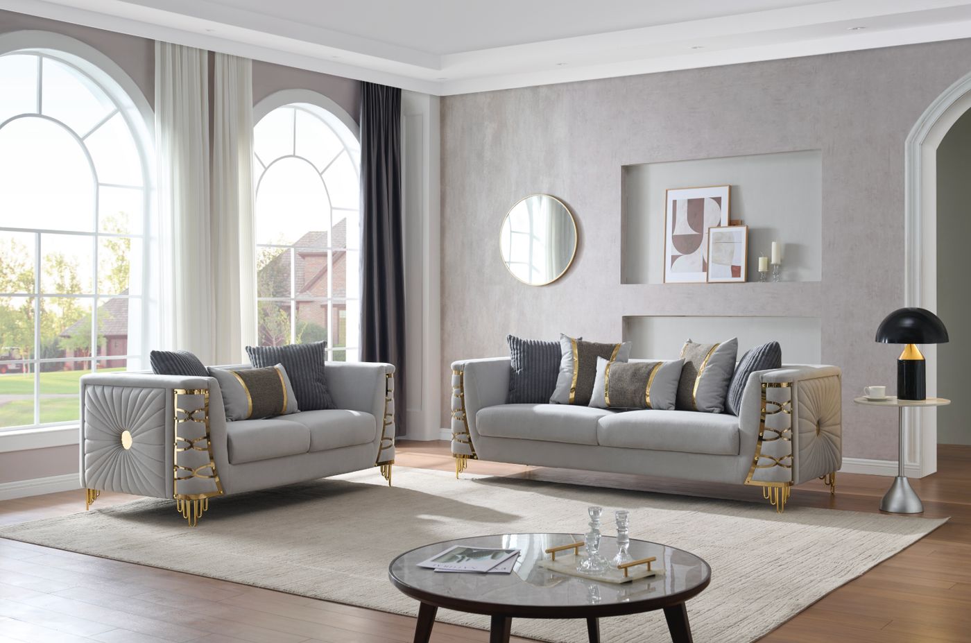 Contessa Velvet Sofa - Grey velvet sofa set at Gateway Furniture Store, Edmonton