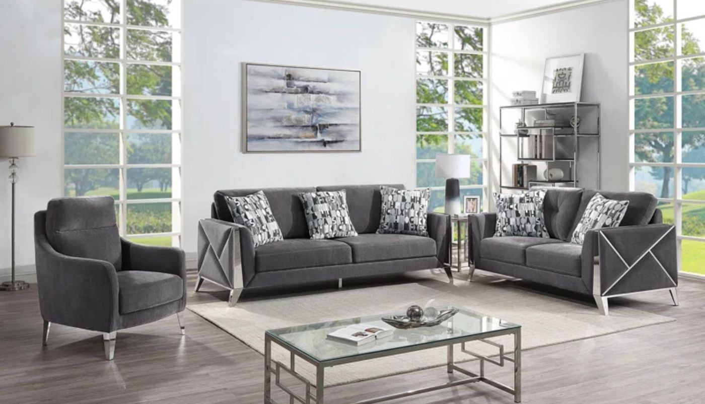 Diana Velvet Sofa - Grey velvet sofa set at Gateway Furniture Store, Edmonton