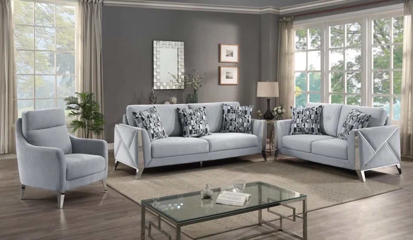 Diana Velvet Sofa - Silver velvet sofa set at Gateway Furniture Store, Edmonton