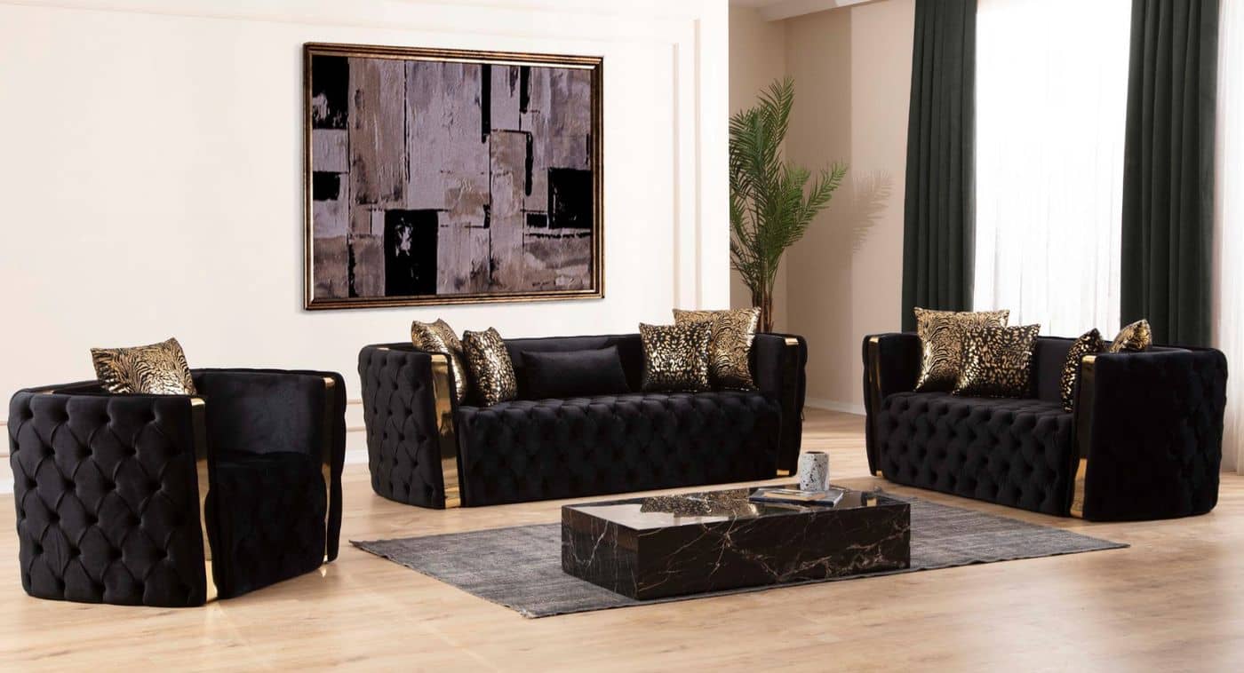 Noami Velvet Sofa - Black velvet sofa set at Gateway Furniture Store, Edmonton