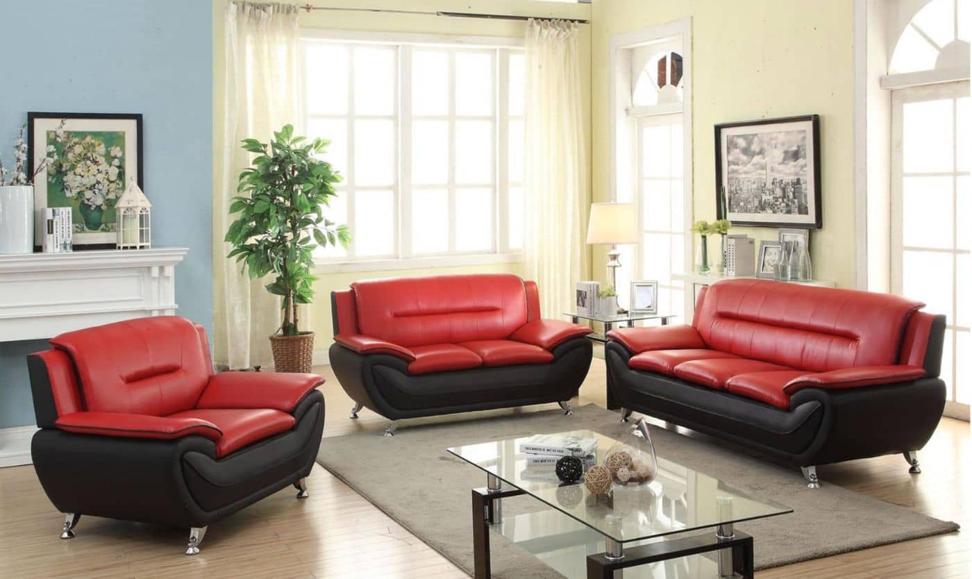 Spruce Velvet Sofa - Red & Black velvet sofa set at Gateway Furniture Store, Edmonton