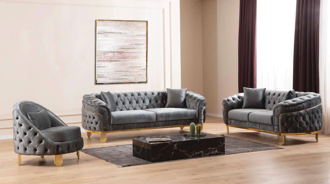 Grey tufted velvet sofa set with gold frames at Gateway Furniture Store, Edmonton