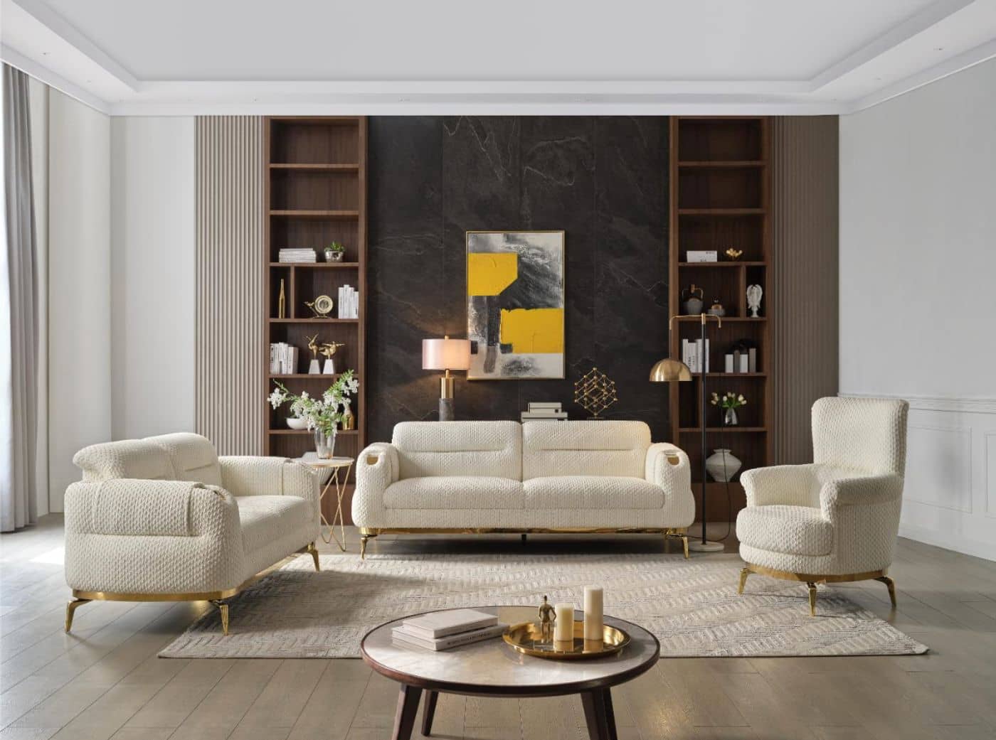 Zoe Velvet Sofa - Beige velvet sofa set at Gateway Furniture Store, Edmonton