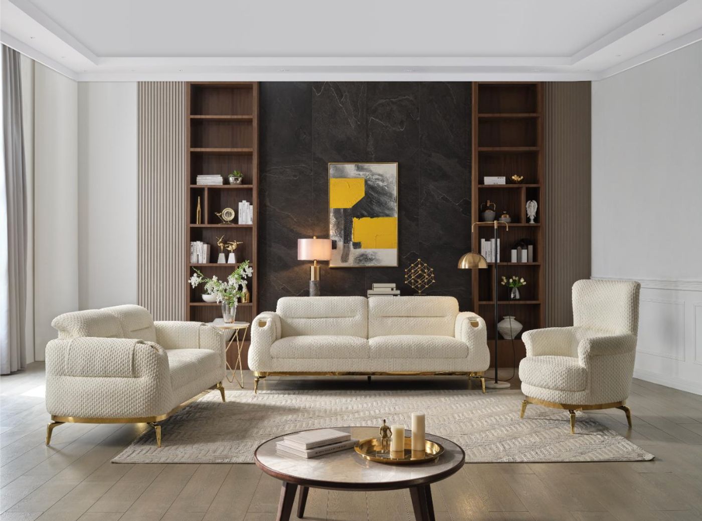 Zoe Velvet Sofa - Beige velvet sofa set at Gateway Furniture Store, Edmonton