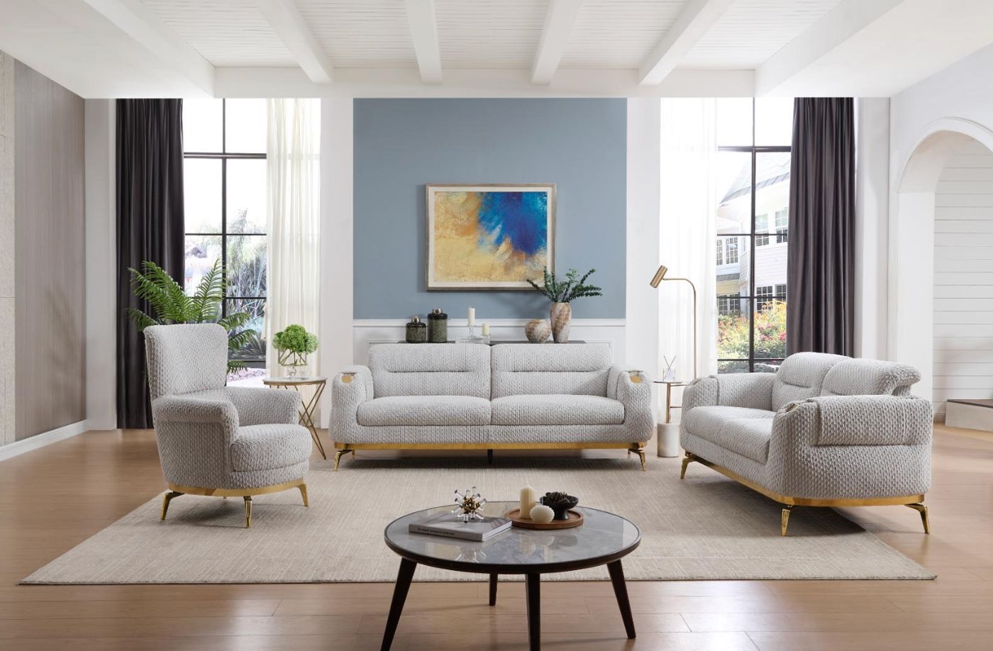 Zoe Velvet Sofa - Grey velvet sofa set at Gateway Furniture Store, Edmonton