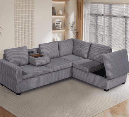 Snug Sectional in Grey Fabric on display at Gateway Furniture Store, Edmonton