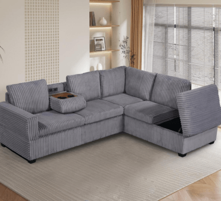 Snug Sectional in Grey Fabric on display at Gateway Furniture Store, Edmonton