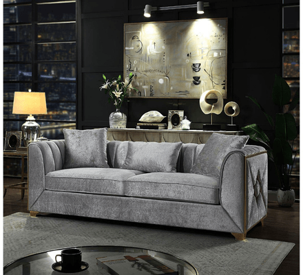 Valencia Sofa in Silver on display at Gateway Furniture Store, Edmonton