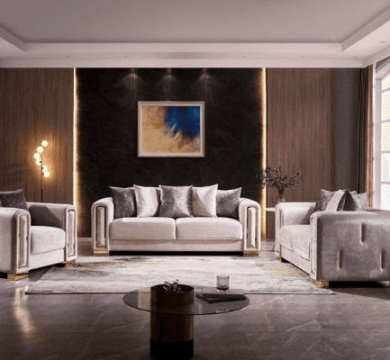 Impreza Living Room in Cream on display at Gateway Furniture Store, Edmonton