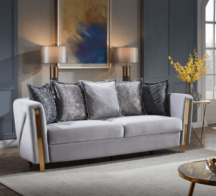 Chanelle Sofa in Silver on display at Gateway Furniture Store, Edmonton