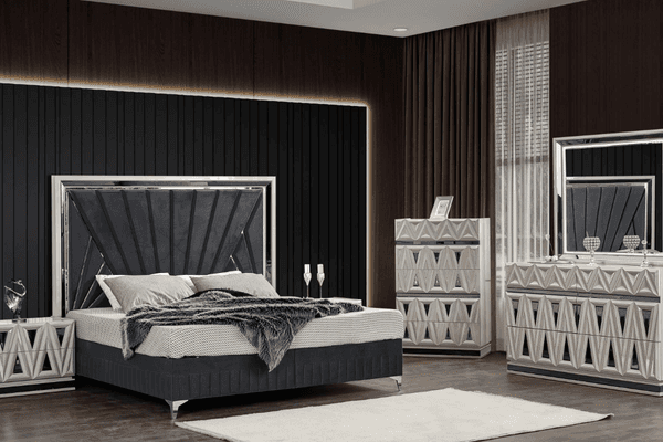 Lavita Bedroom Set in Gray on display at Gateway Furniture Store, Edmonton