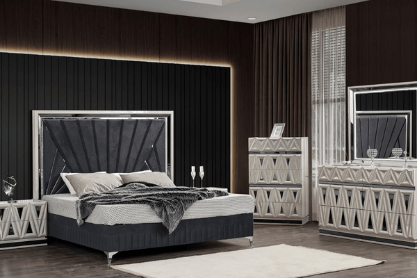 Lavita Bedroom Set in Gray on display at Gateway Furniture Store, Edmonton