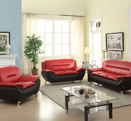 Spruce Living Room in Red & Black on display at Gateway Furniture Store, Edmonton