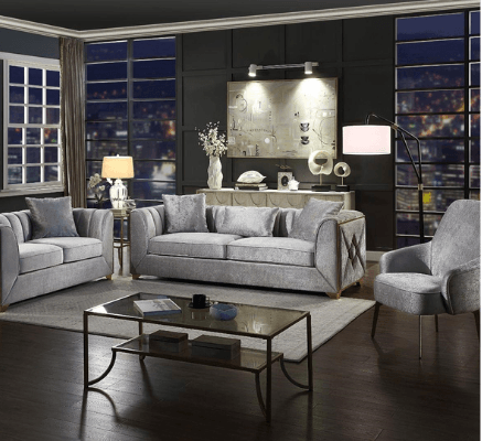 Valencia Living Room in Silver on display at Gateway Furniture Store, Edmonton
