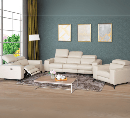 Paloma 3-Piece Living Set in Beige on display at Gateway Furniture Store, Edmonton