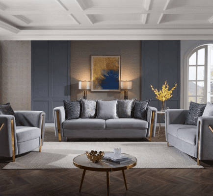 Chanelle Living Room in Silver on display at Gateway Furniture Store, Edmonton