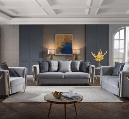 Chanelle Living Room in Silver on display at Gateway Furniture Store, Edmonton