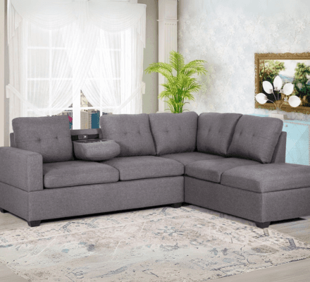 Mia Sectional in Gray on display at Gateway Furniture Store, Edmonton