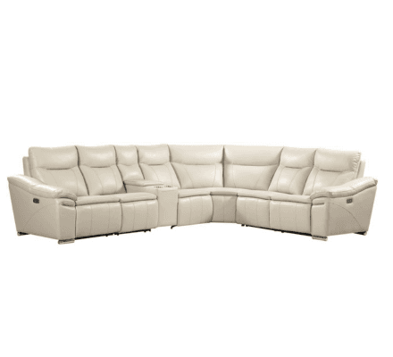 Eliana Recliner Sectional in Beige on display at Gateway Furniture Store, Edmonton