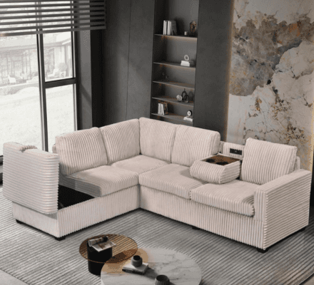 Snug Sectional in Beige Fabric on display at Gateway Furniture Store, Edmonton