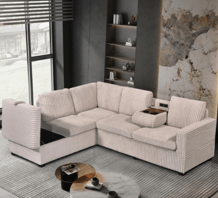 Snug Sectional in Beige Fabric on display at Gateway Furniture Store, Edmonton