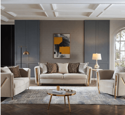 Chanelle Living Room in Cream on display at Gateway Furniture Store, Edmonton