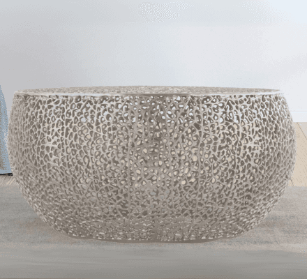 Round Coffee Table in Silver on display at Gateway Furniture Store, Edmonton