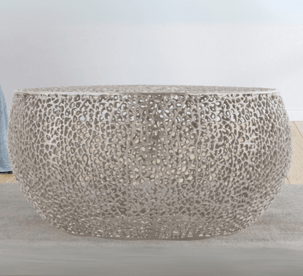 Round Coffee Table in Silver on display at Gateway Furniture Store, Edmonton